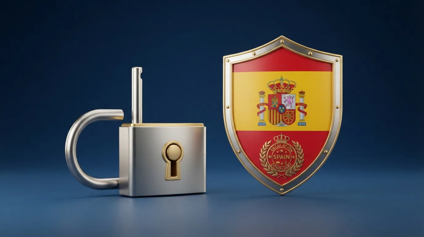 Ilustración conceptual: un candado abierto frente a un escudo con la bandera de España y el logotipo de la DGOJ