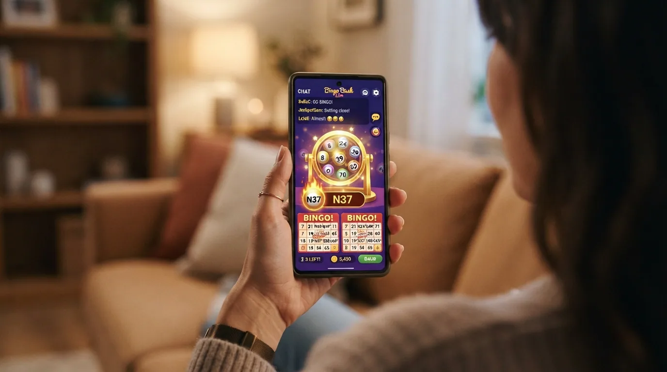 Un teléfono móvil en vertical mostrando la app de un casino español con una sala de bingo activa, los cartones en la mitad inferior y el chat en la superior