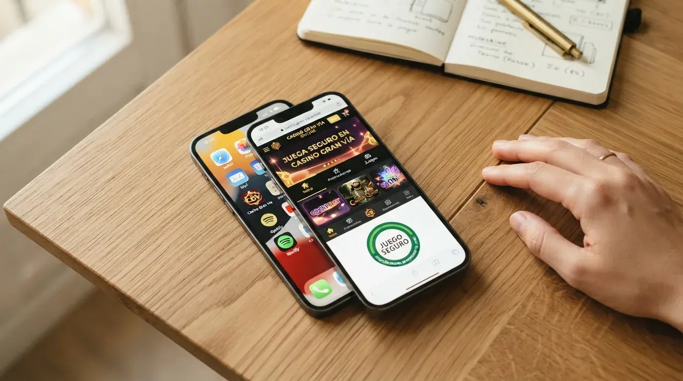 Pantalla de un teléfono mostrando la web móvil de un operador con licencia DGOJ junto al icono de su app oficial, ambas con el sello de Juego Seguro visible
