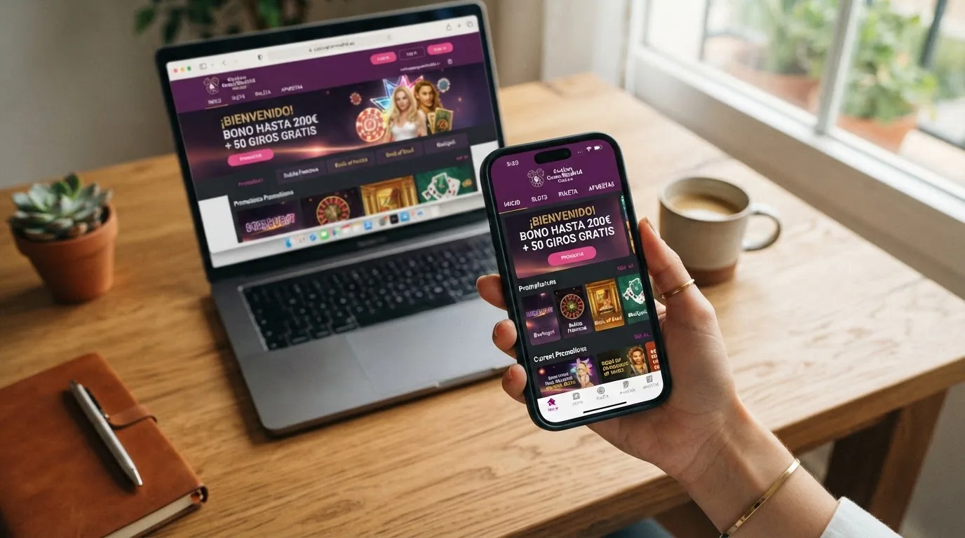 Un teléfono móvil mostrando la pantalla de inicio de la app de Casino Gran Madrid Online junto a un portátil con el sitio web abierto en el navegador