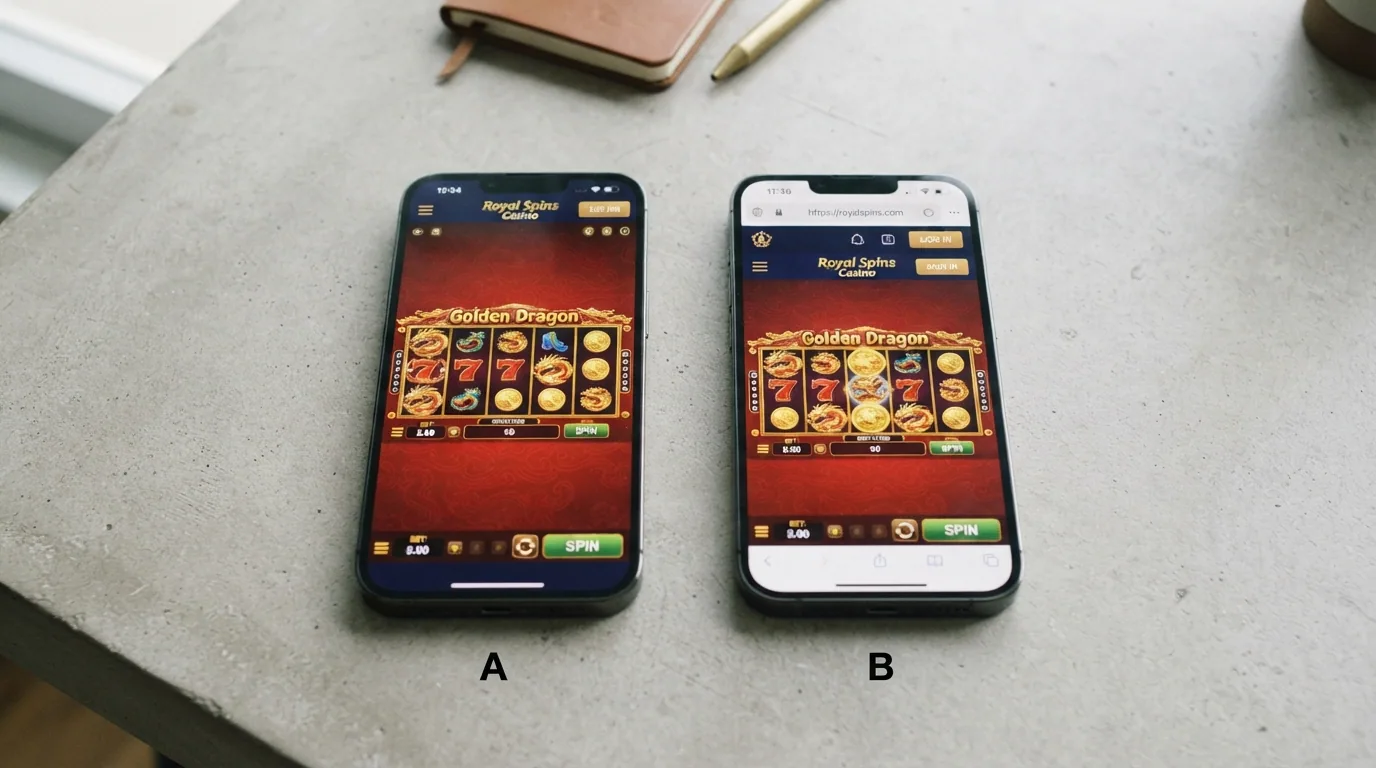 Pantalla dividida con la app nativa de un casino a la izquierda y el mismo casino abierto en el navegador del móvil a la derecha, mostrando diferencias de interfaz