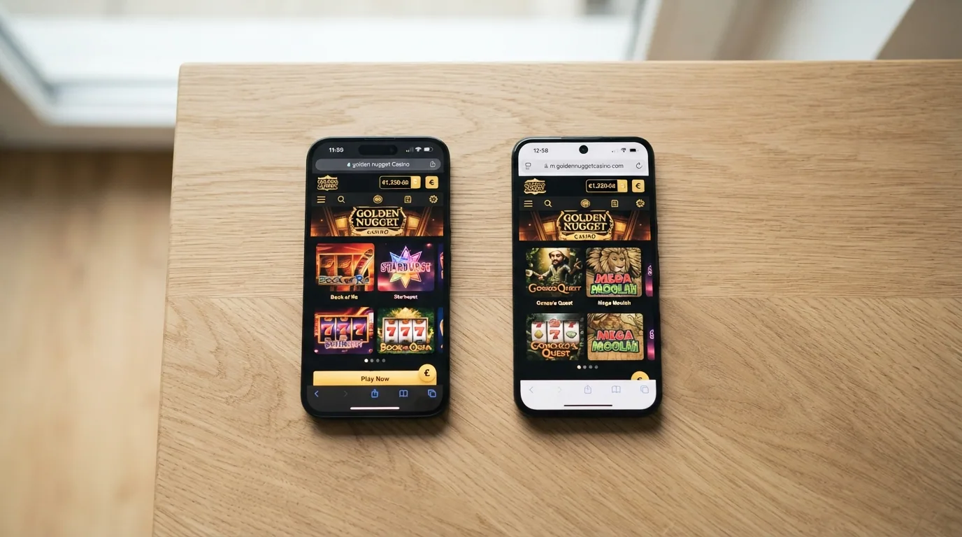 Dos teléfonos idénticos uno al lado del otro: el izquierdo con una app de casino abierta, el derecho con el mismo casino cargado en el navegador