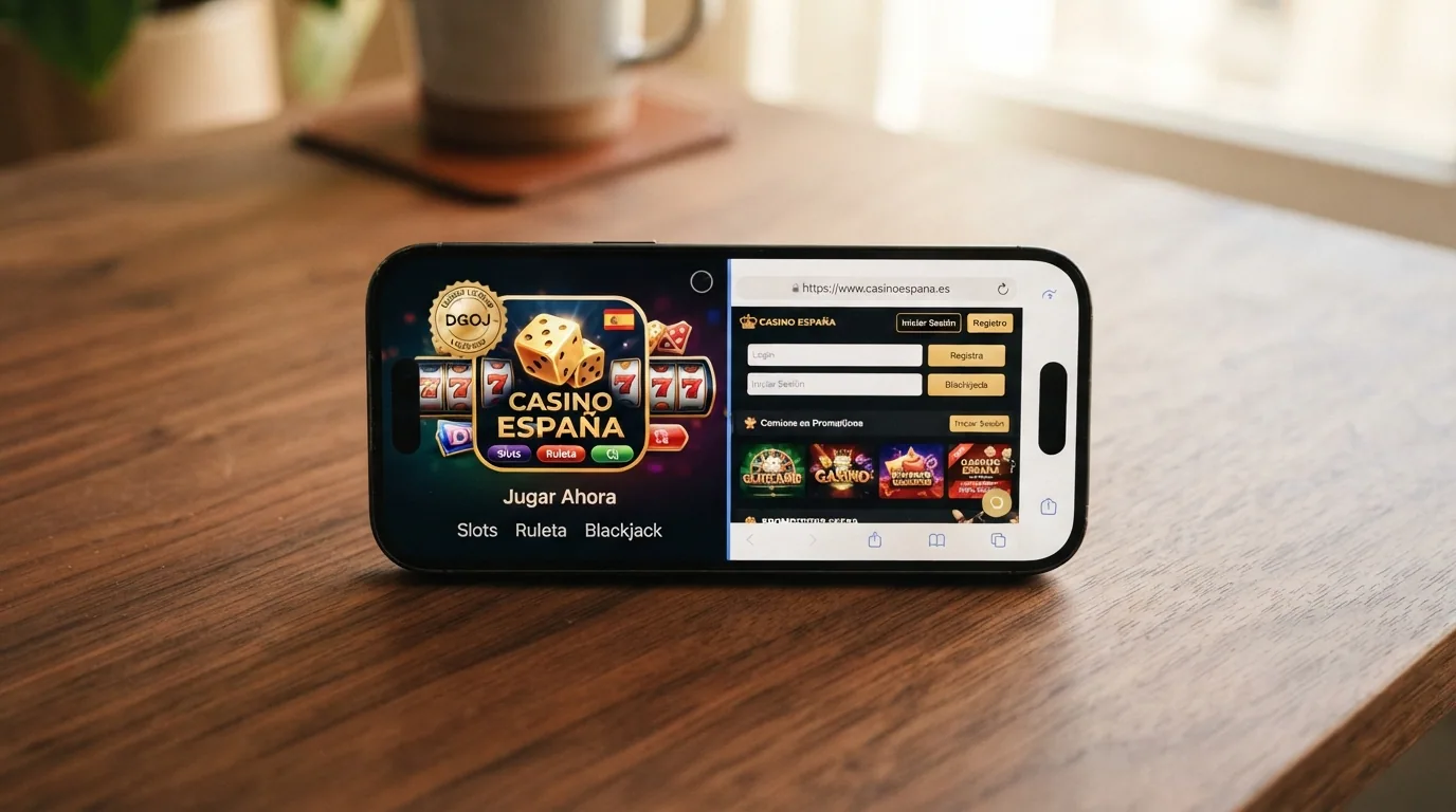 Un teléfono con la pantalla partida: a la izquierda el icono de la app de un casino, a la derecha la barra de direcciones del navegador