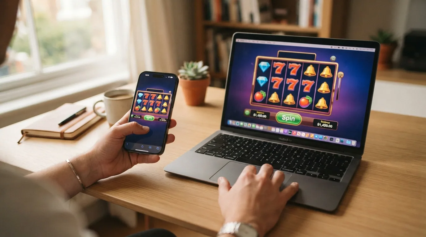 Teléfono móvil mostrando la interfaz de una app de casino con licencia DGOJ junto a un ordenador portátil con la versión web del mismo operador