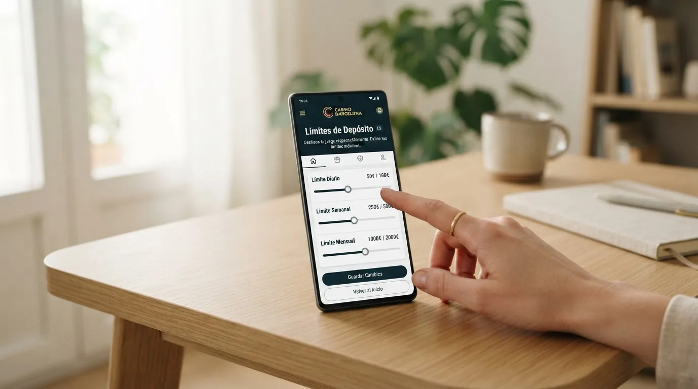 Pantalla de configuración de límites de depósito diario, semanal y mensual en un casino online vista desde un teléfono Android