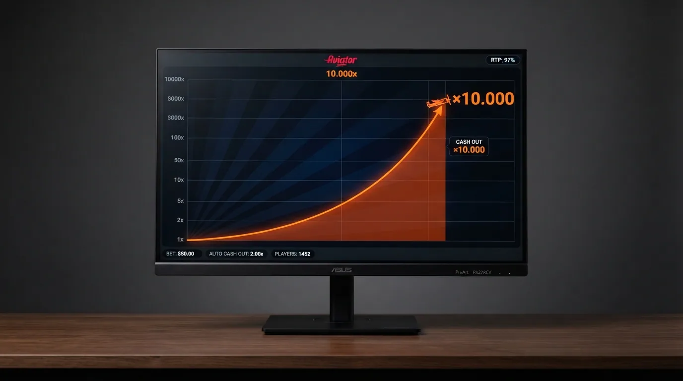 Gráfico de una ronda de Aviator mostrando el multiplicador en valores altos junto a los indicadores de RTP y apuesta