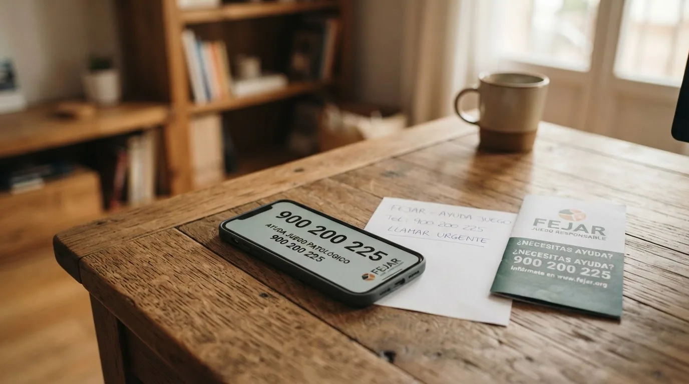 Teléfono fijo sobre una mesa con una nota manuscrita donde se lee «900 200 225» junto a un folleto de FEJAR