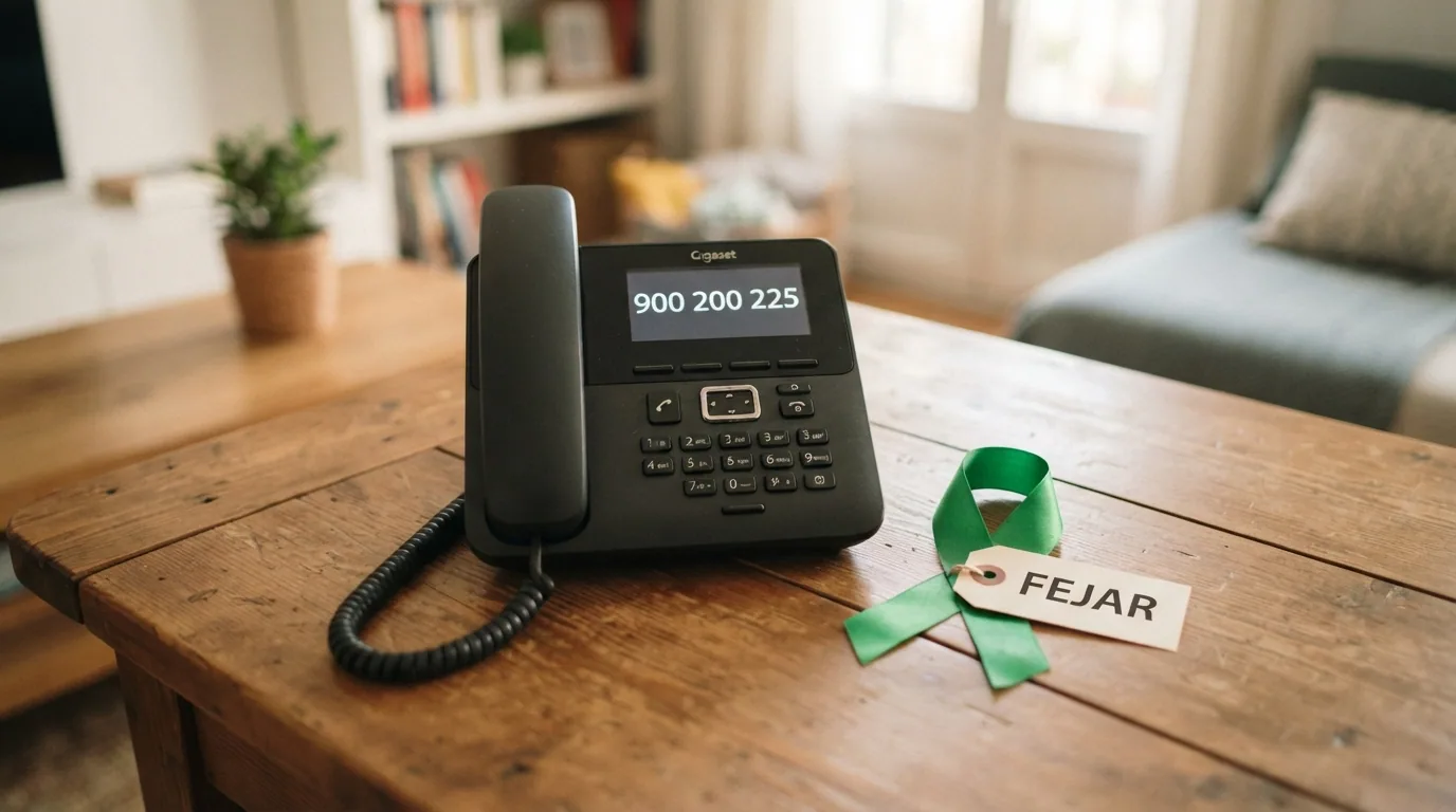 Teléfono fijo con el número 900 200 225 iluminado en la pantalla y las siglas FEJAR junto a un lazo verde, símbolo del juego responsable en España