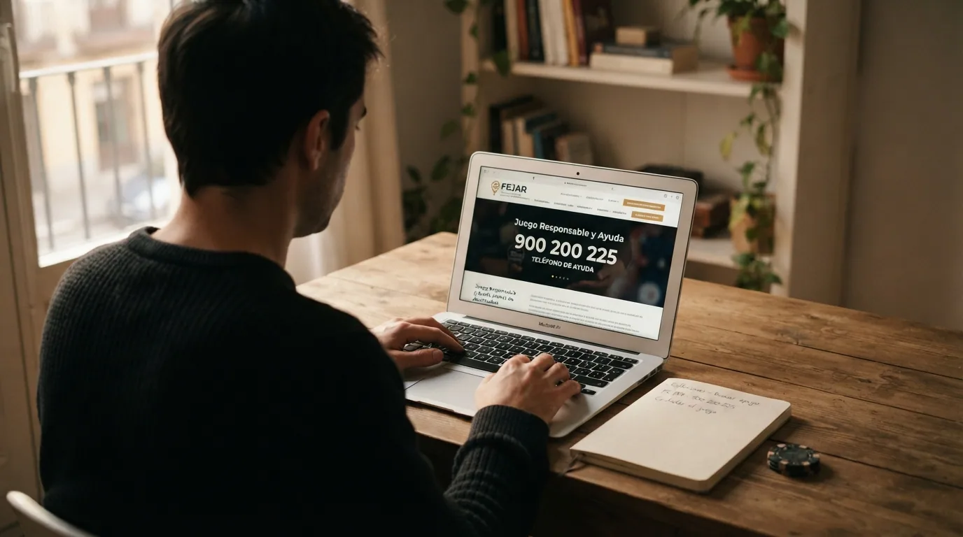 Imagen del sitio web de FEJAR con el número 900 200 225 destacado y recursos de autoayuda visibles