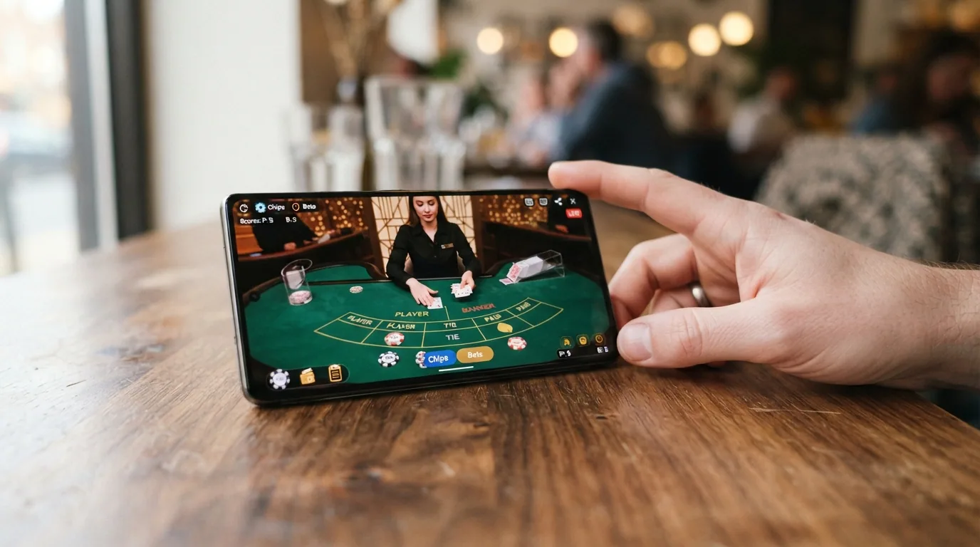 Un teléfono móvil mostrando una mesa de baccarat en vivo con la interfaz táctil para seleccionar fichas y zona de apuesta