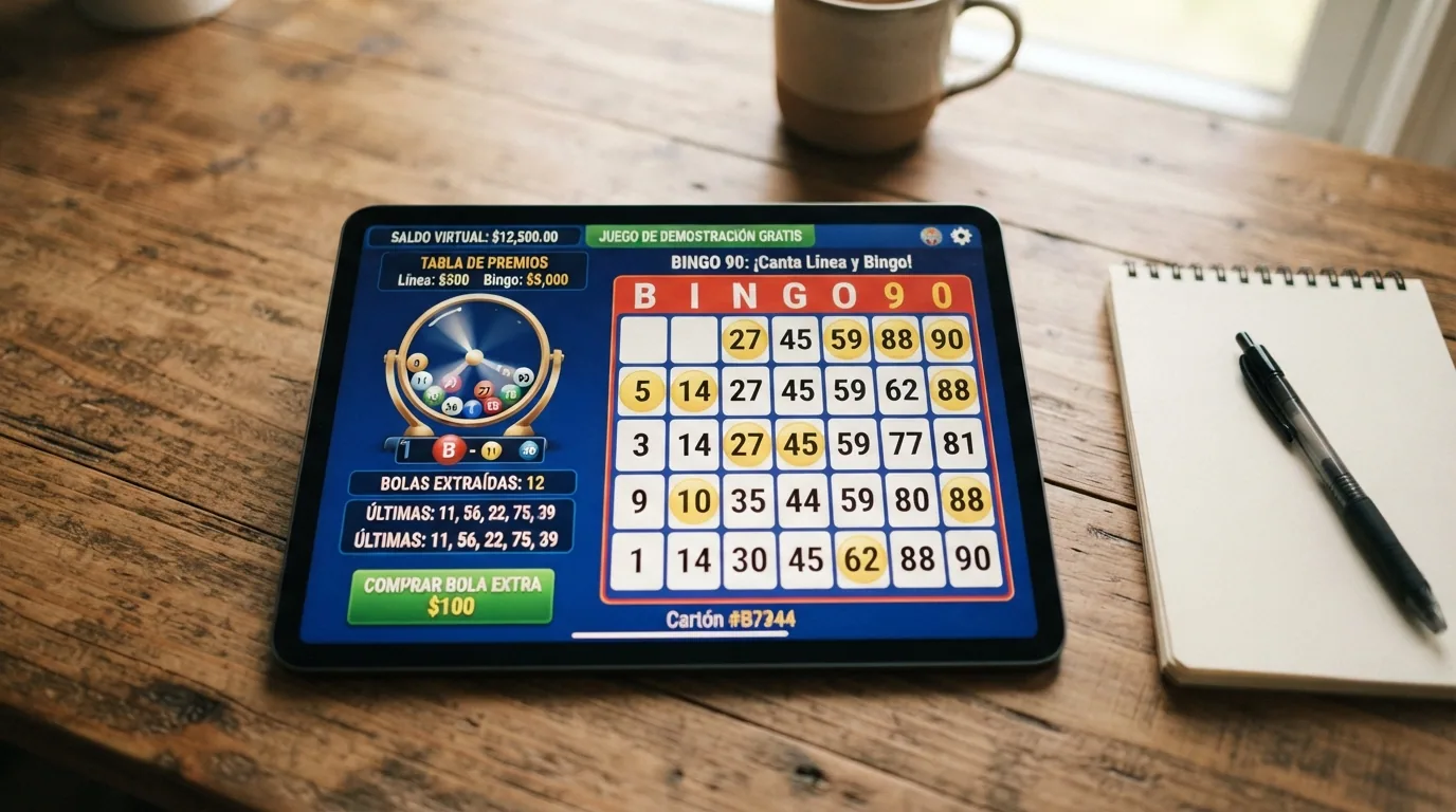 Pantalla de un juego de bingo en modo demo con el indicador de «saldo virtual» visible y un cartón de 90 bolas con números marcados
