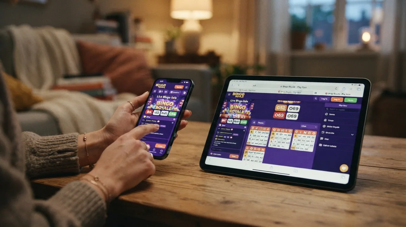 Un teléfono mostrando la app de un casino de bingo junto a una tablet con la versión de navegador del mismo operador