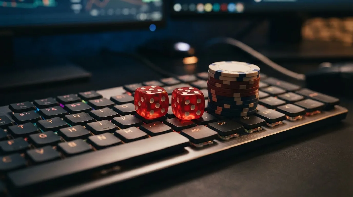 Monedas de Bitcoin junto a dos dados de casino sobre un teclado iluminado