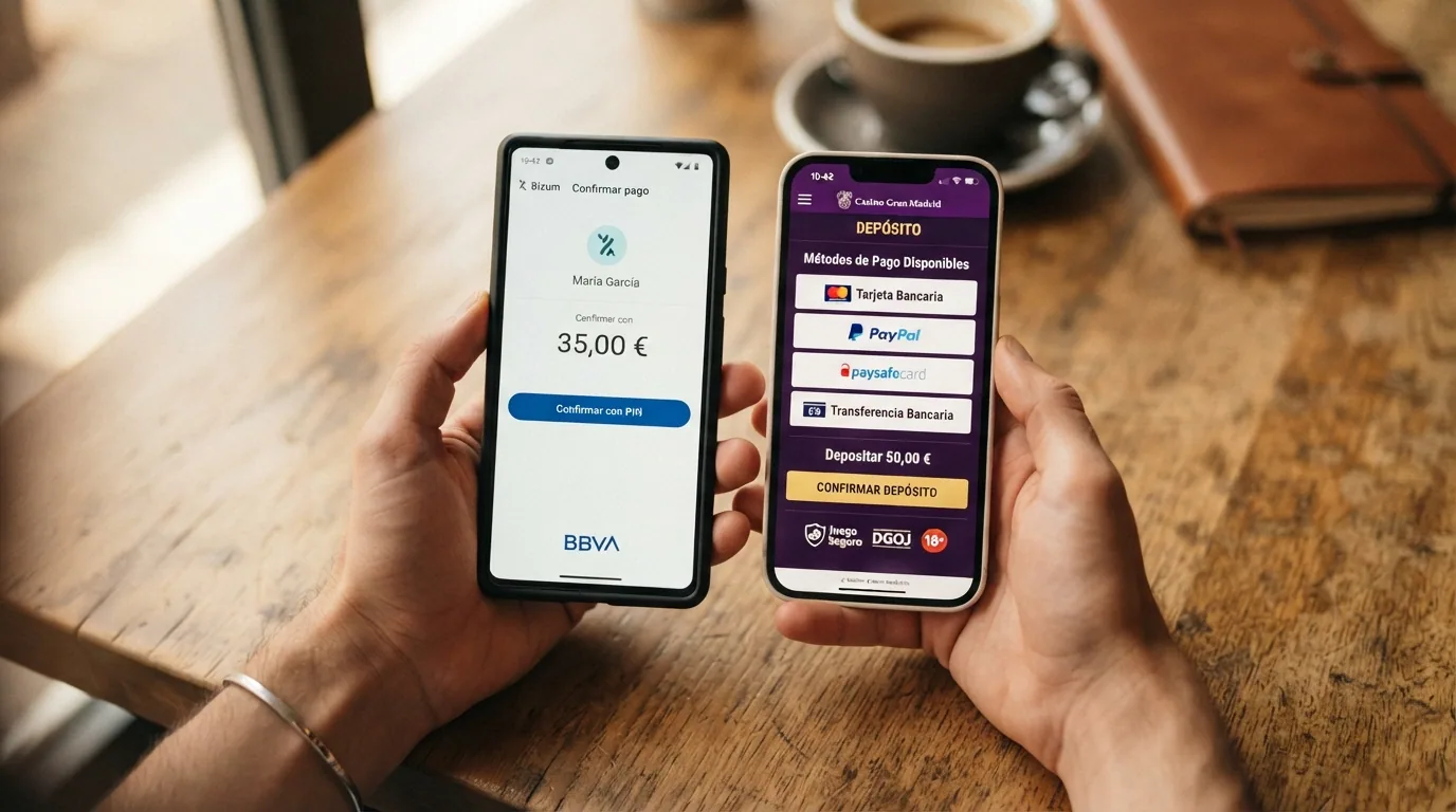 Una mano acerca un móvil con la app de Bizum abierta a otro móvil con el logo de un casino DGOJ en pantalla