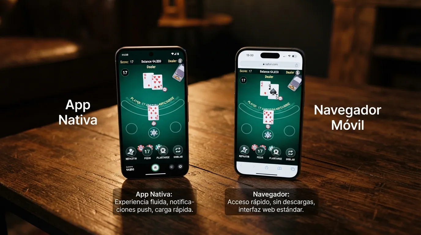 Dos teléfonos uno al lado del otro: el izquierdo muestra una app nativa de casino con blackjack, el derecho la misma mesa en el navegador móvil