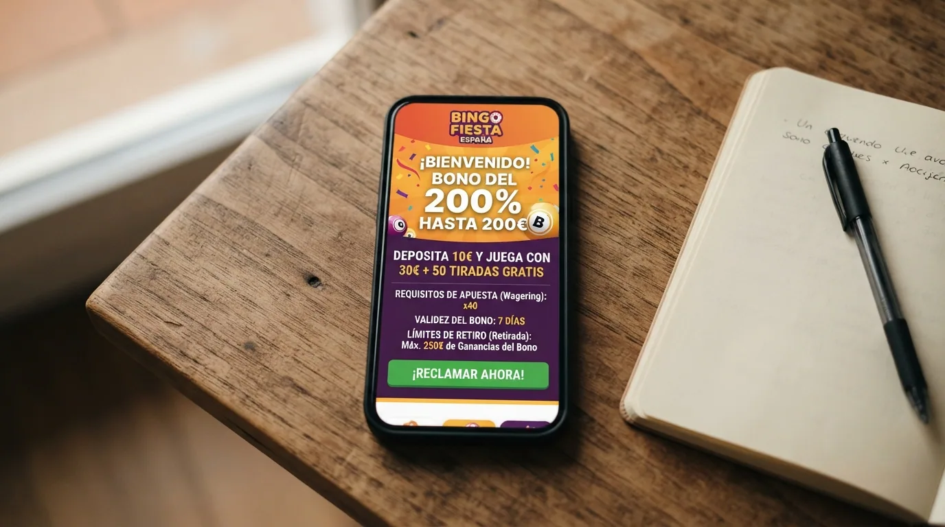 Ventana de promoción de un bono de bienvenida en un casino online español con el importe del bono, el requisito de apuesta, la validez y el límite de ganancias destacados en la pantalla