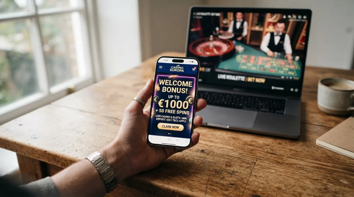 Pantalla de casino online mostrando una oferta de bono de bienvenida junto a una mesa de ruleta en vivo en segundo plano