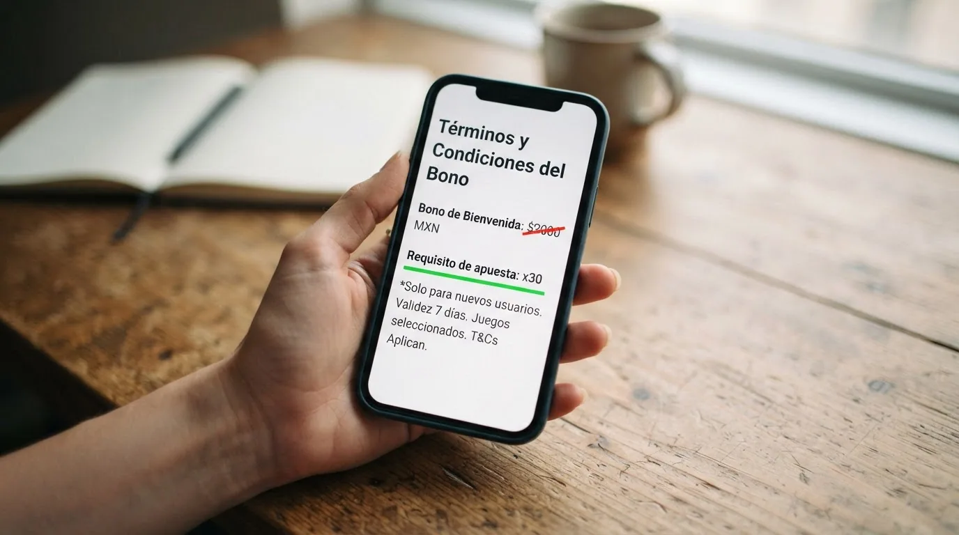 Un primer plano de la pantalla de términos de un bono con el importe del bono tachado en rojo y el multiplicador de apuesta y el plazo subrayados en verde.