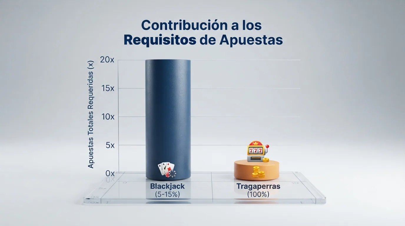 Gráfico de barras que compara la contribución al wagering del blackjack (5-15 %) frente al 100 % de las tragaperras
