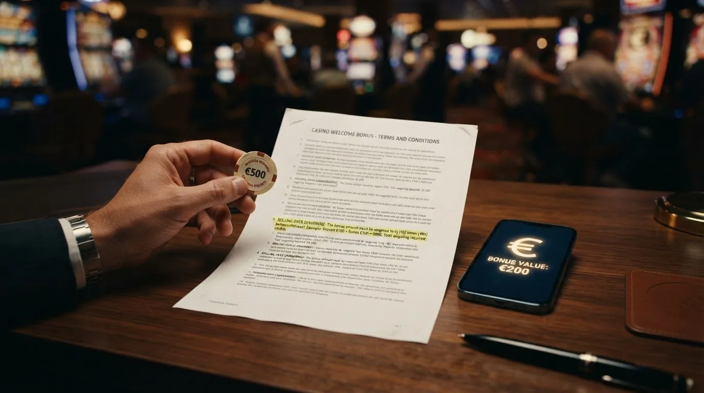 Primer plano de los términos y condiciones de un bono de casino con las secciones de rollover y vigencia subrayadas en amarillo