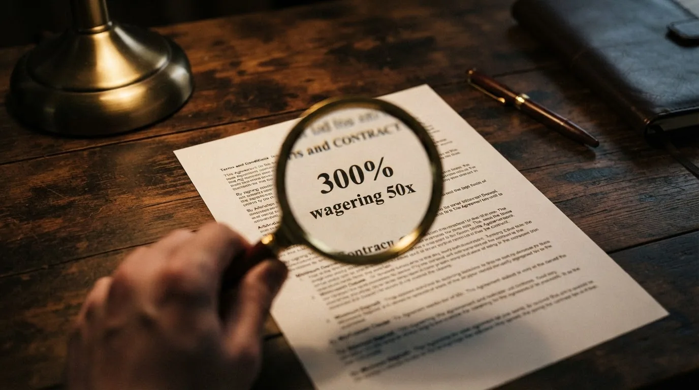 Primer plano de un contrato con lupa sobre la letra pequeña y un rótulo de bono del 300% al fondo