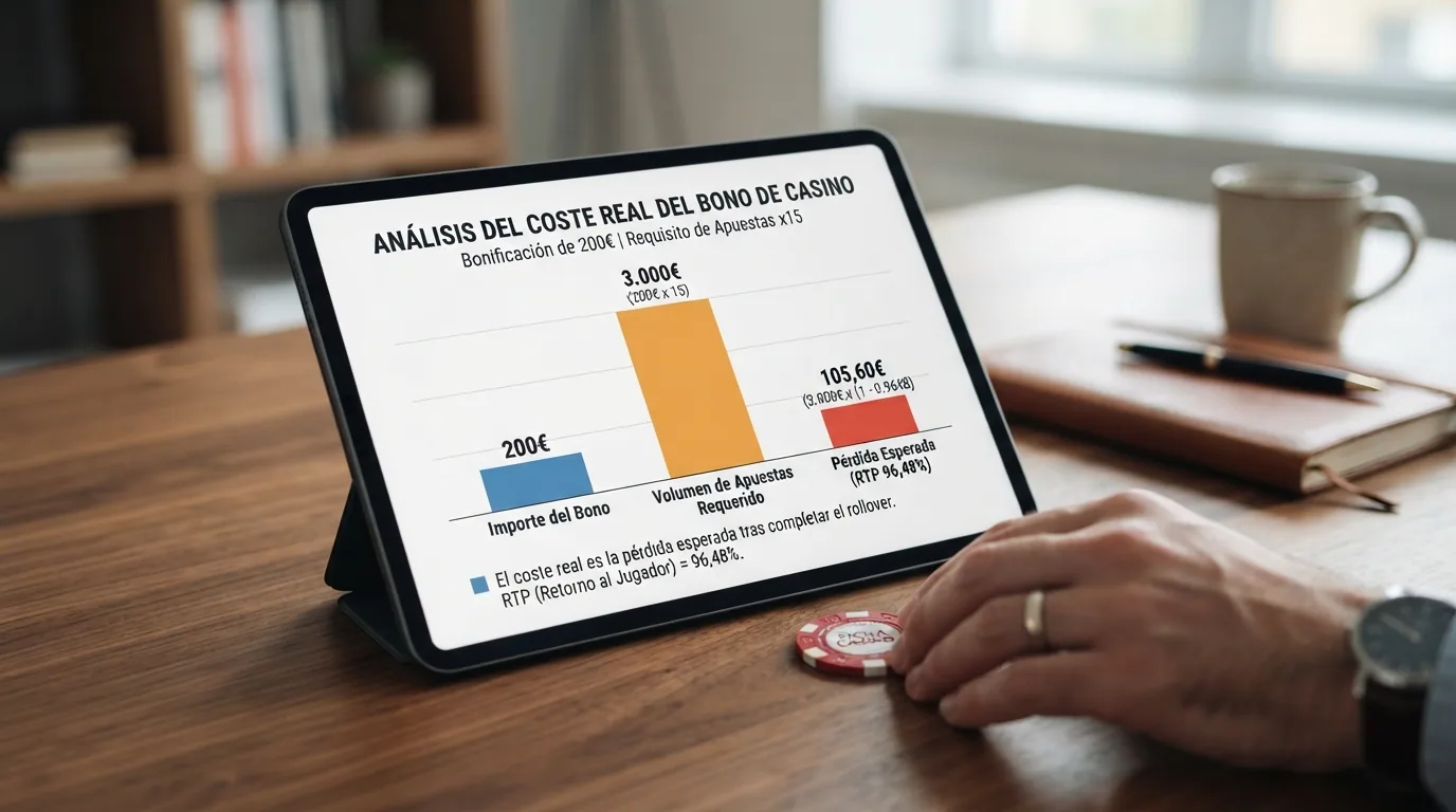 Infografía que desglosa visualmente el recorrido de un bono de 200€ con wagering x15: importe prometido, requisito de apuesta, pérdida esperada por RTP y cantidad neta retirable