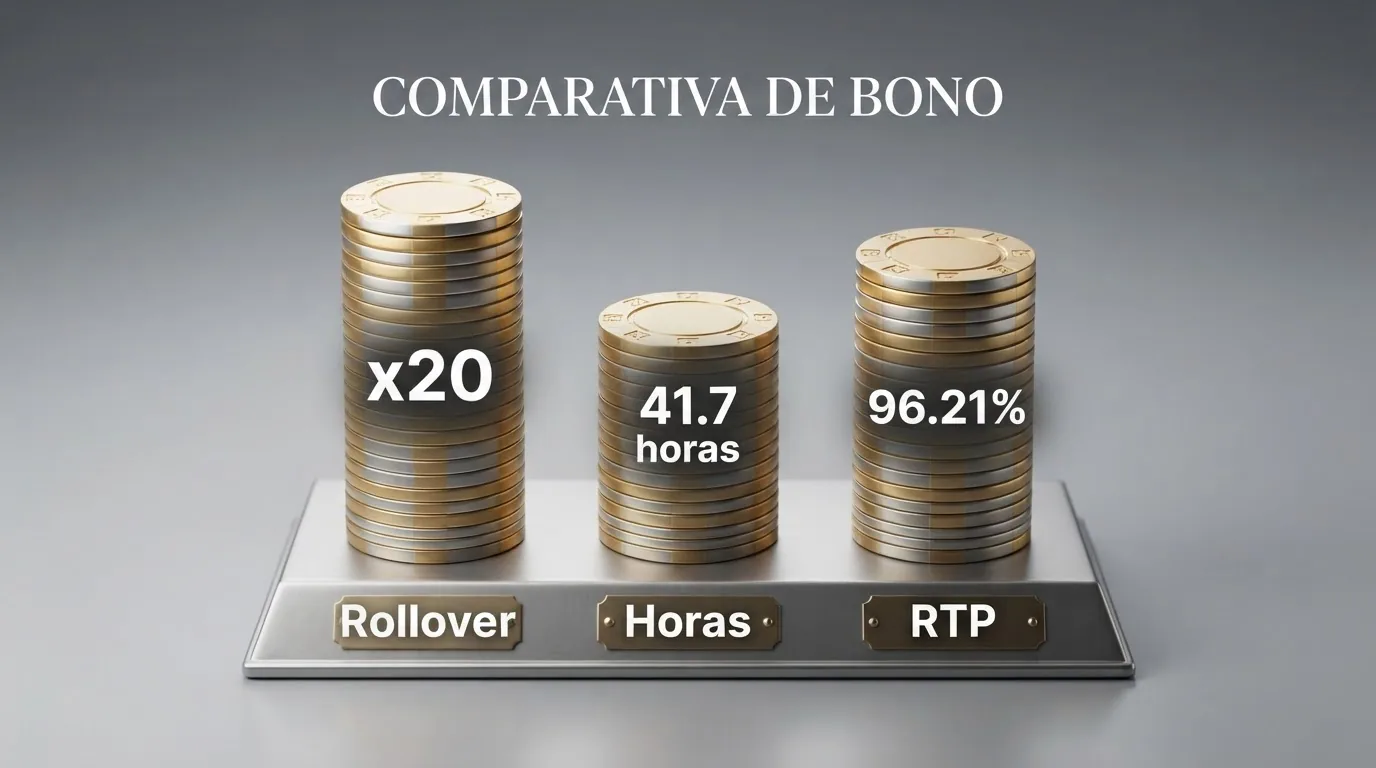 Infografía con los tres números clave que definen un bono de casino — rollover, plazo y tope de ganancias — junto a los valores de RTP y volatilidad de Book of Dead