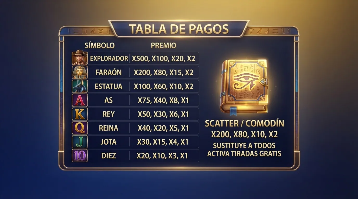 Tabla de pagos de Book of Ra con el explorador, el faraón, el escarabajo y el libro sagrado ordenados por valor de premio