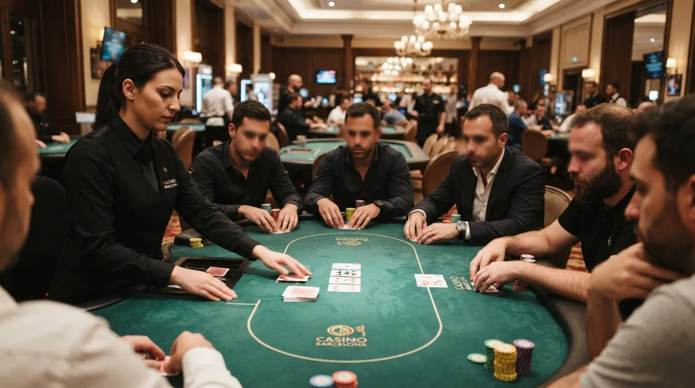 Sala de poker del Casino Barcelona con mesas de paño verde, jugadores en partida y el ambiente de un casino físico español