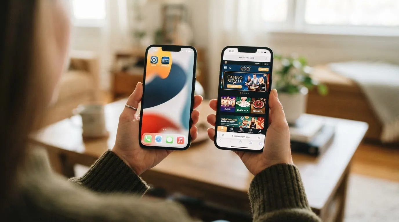 Mano sujetando un teléfono con un casino abierto en el navegador junto a otro teléfono con el icono de la app del mismo casino