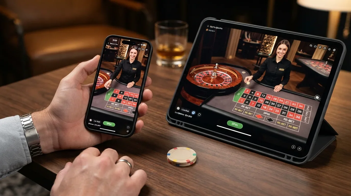 Un teléfono mostrando una mesa de ruleta en vivo con acceso biométrico por huella, junto a una tablet con la misma sesión de juego abierta