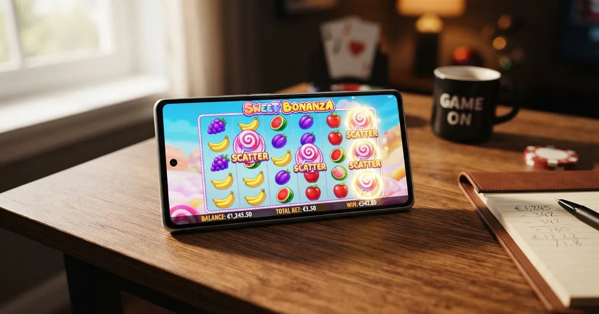 Captura de la pantalla principal de Sweet Bonanza con su cuadrícula 6×5, los símbolos de frutas y golosinas, y el botón de giro