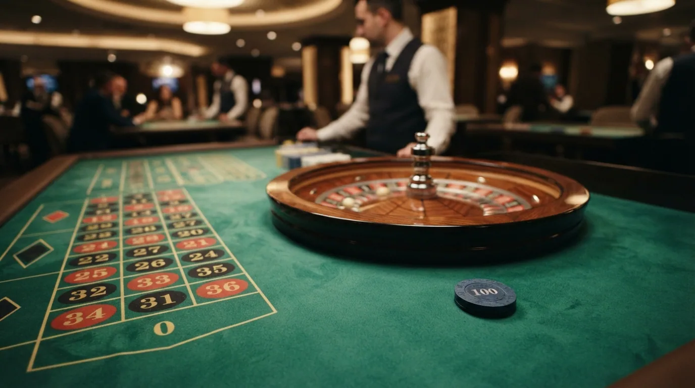 Mesa de ruleta en vivo con crupier real transmitida en una tableta, rodeada de iconos de tragaperras, blackjack y póker flotando en la pantalla