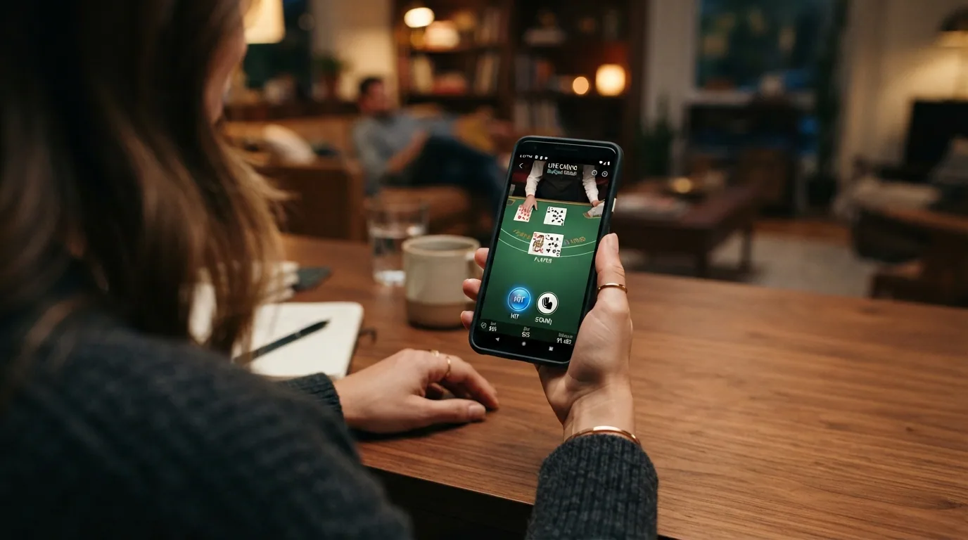 Un teléfono en orientación horizontal mostrando una mesa de blackjack en vivo con las cartas repartidas, los botones de «pedir» y «plantarse» visibles en la interfaz táctil