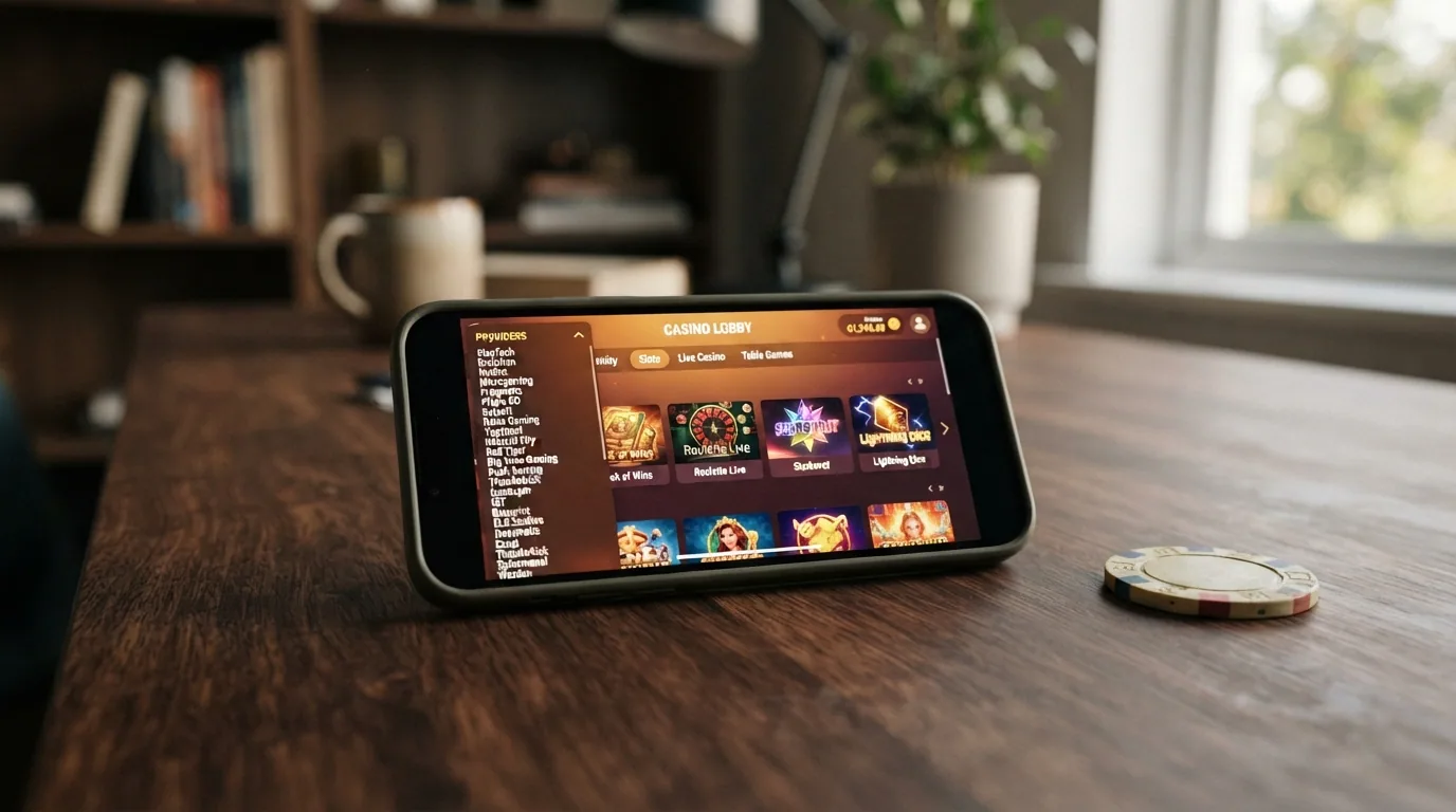 Interfaz de un casino online con licencia DGOJ mostrando la seccion de tragaperras con el filtro de proveedor desplegado