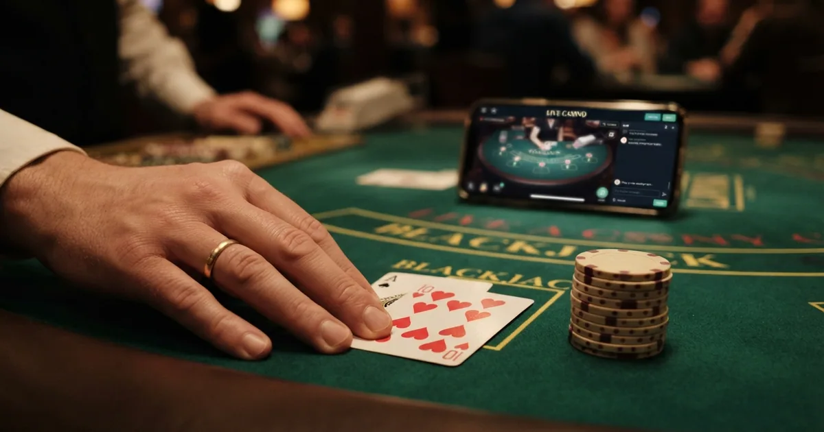 Mano de blackjack sobre un tapete verde con fichas de casino, cartas boca arriba y un smartphone mostrando la interfaz de un casino online español