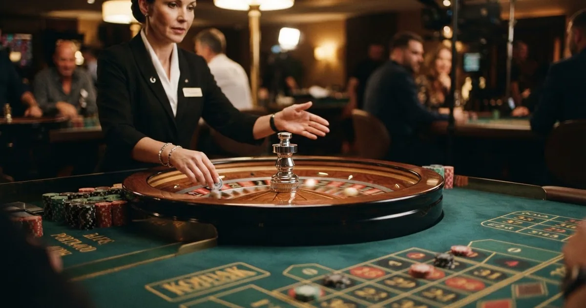 crupier real girando la rueda de ruleta en un estudio de casino en vivo con primer plano del tapete y las fichas