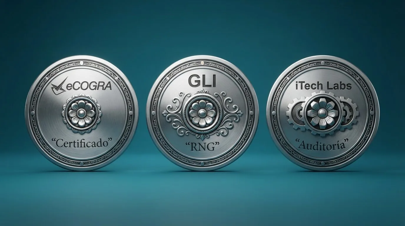 Los logotipos de los tres laboratorios homologados por la DGOJ — eCOGRA, GLI e iTech Labs — dispuestos en fila sobre el fondo del sello Juego Seguro