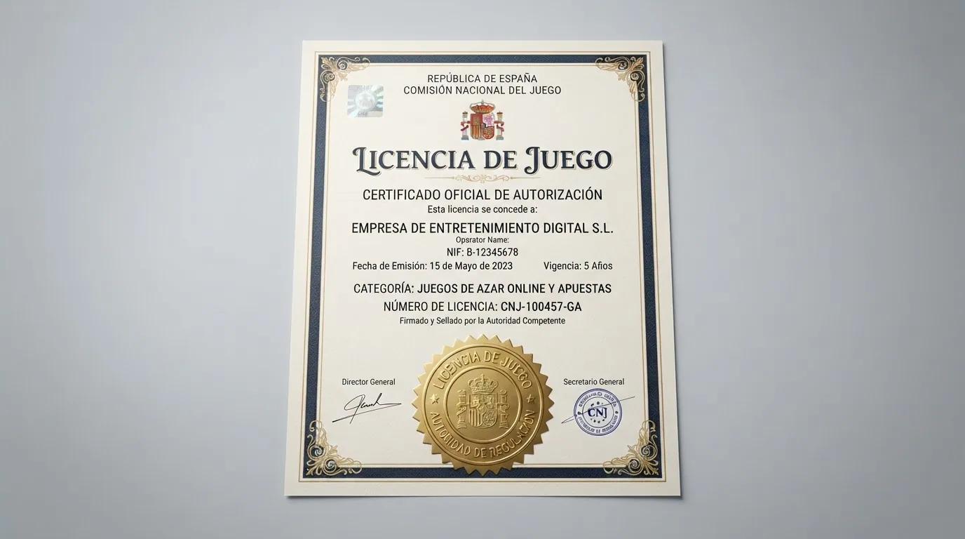 Primer plano de un certificado de licencia de juego de Anjouan con sellos oficiales y número de registro