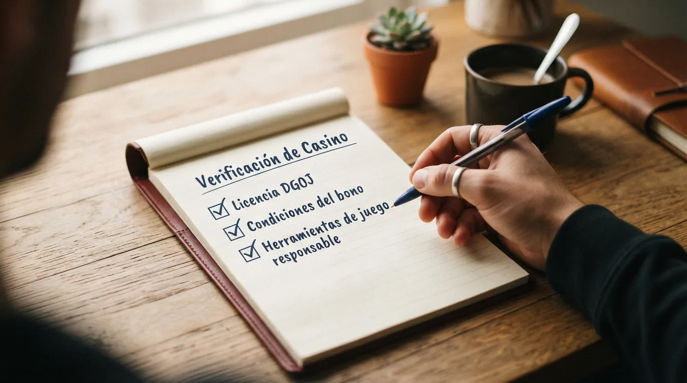 Lista de verificación visual con tres casillas: licencia DGOJ, condiciones del bono y herramientas de juego responsable, con un icono de verificación en cada una