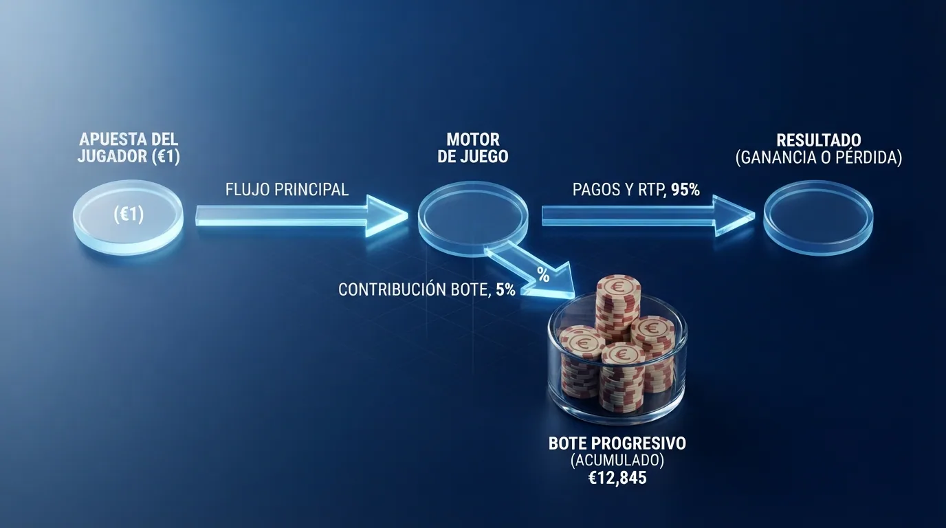Diagrama del flujo de contribución al bote progresivo: desde la apuesta del jugador hasta el porcentaje que se desvía al premio acumulado