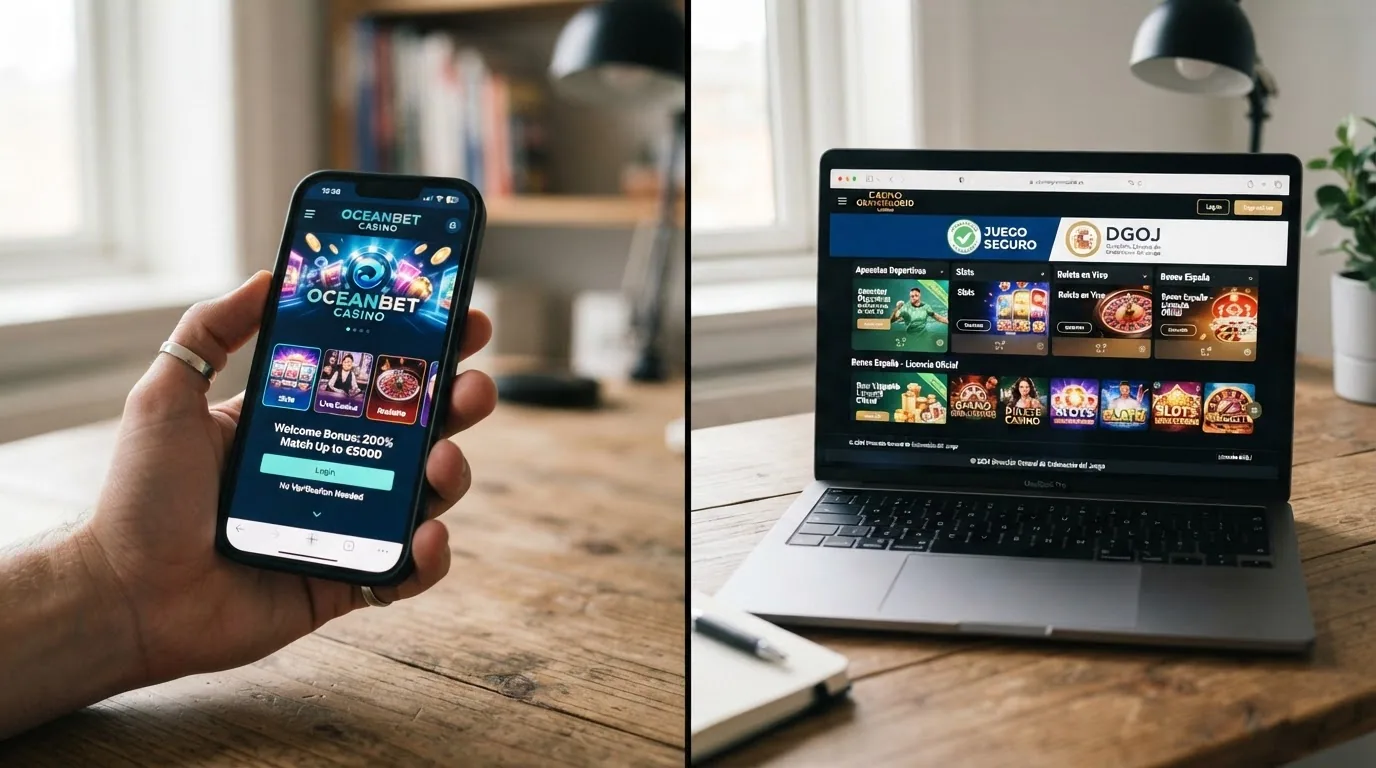 Pantalla dividida con los logotipos de los tres casinos Anjouan a la izquierda y los siete operadores DGOJ a la derecha, separados por una línea