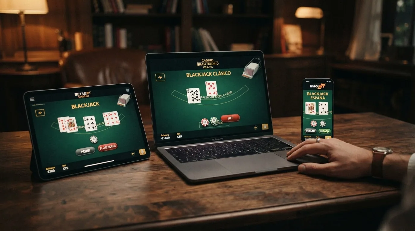 Captura de pantalla de varias mesas de blackjack virtual yuxtapuestas, cada una con la interfaz de un operador DGOJ distinto