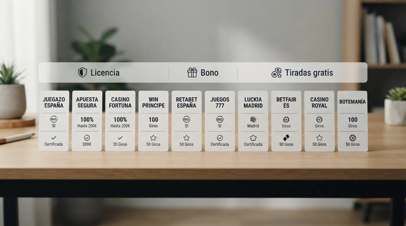 Una tabla visual con filas de casinos y columnas de licencia, bono y tiradas gratis, con los nombres de los diez operadores destacados