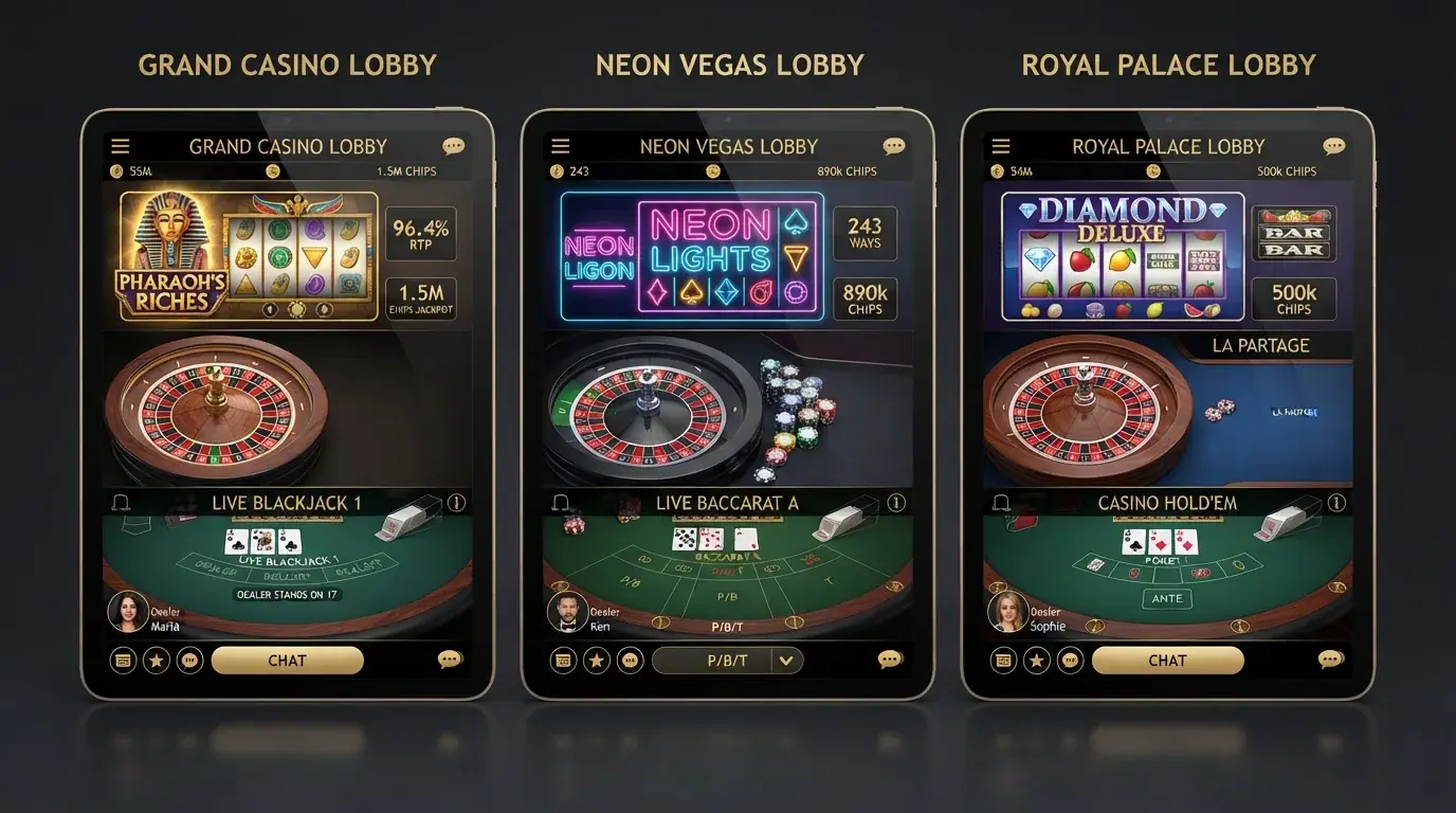 Pantalla dividida mostrando las interfaces de varios casinos online internacionales con sus bonos de bienvenida destacados