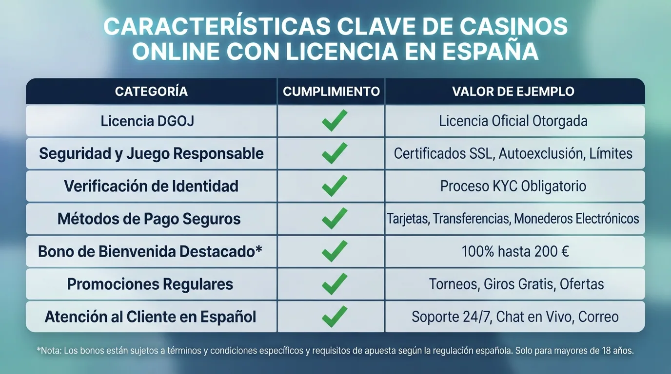 Tabla comparativa con los logotipos de los diez casinos online analizados alineados en columna junto a sus datos de licencia y bono