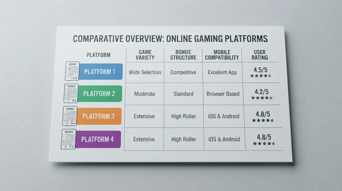 Una tabla comparativa con logotipos de casinos online españoles ordenados por puntuación junto a iconos de keno