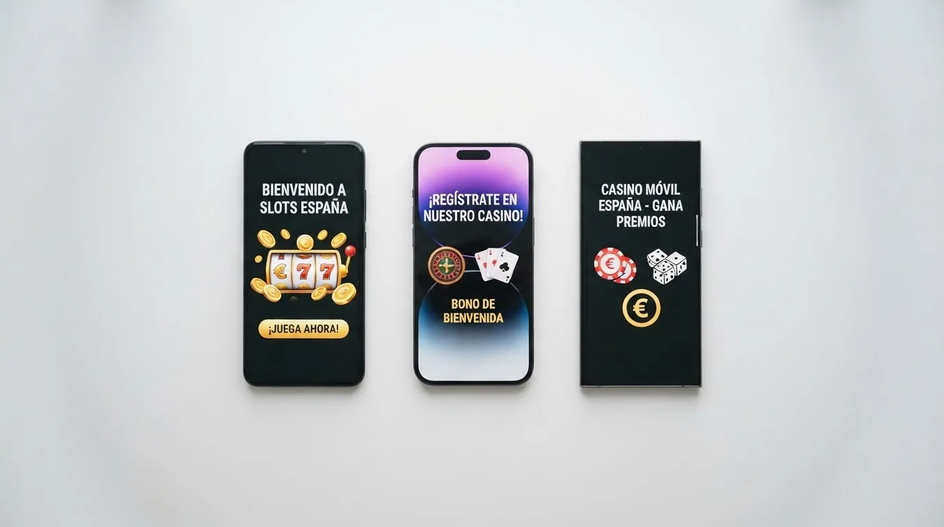 Varios teléfonos móviles alineados mostrando cada uno la pantalla de bienvenida de un casino español diferente