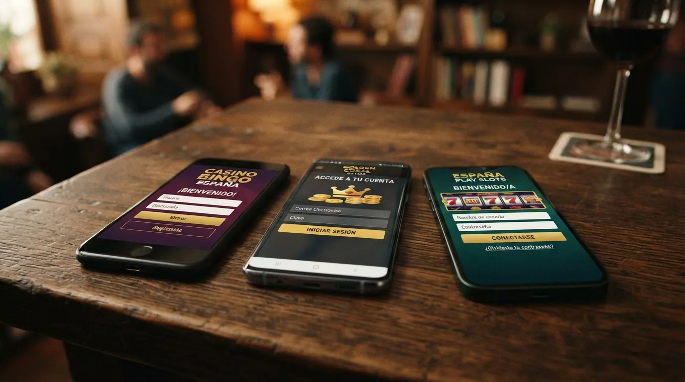 Tres teléfonos distintos apoyados sobre una mesa, cada uno mostrando la pantalla de inicio de un casino móvil diferente