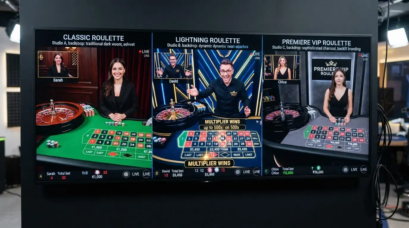 interfaz dividida mostrando varias mesas de ruleta en vivo de distintos operadores con sus fichas y colores corporativos